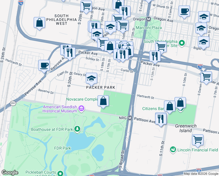 map of restaurants, bars, coffee shops, grocery stores, and more near 3229R South 17th Street in Philadelphia