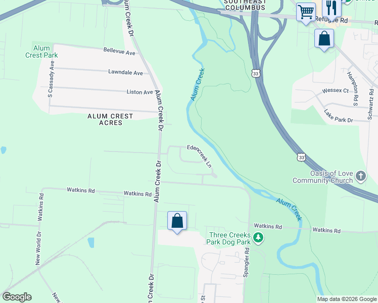 map of restaurants, bars, coffee shops, grocery stores, and more near 2567 Edencreek Lane in Columbus