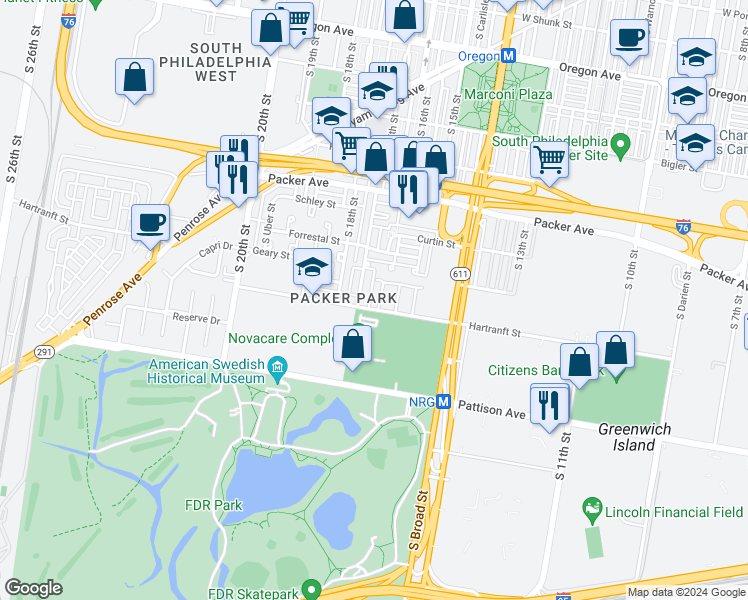 map of restaurants, bars, coffee shops, grocery stores, and more near 3238 South Smedley Street in Philadelphia