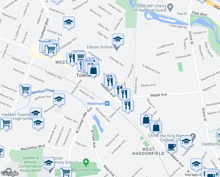 map of restaurants, bars, coffee shops, grocery stores, and more near 231 North Haddon Avenue in Haddonfield