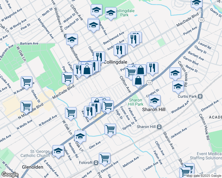 map of restaurants, bars, coffee shops, grocery stores, and more near 49 Foster Avenue in Sharon Hill