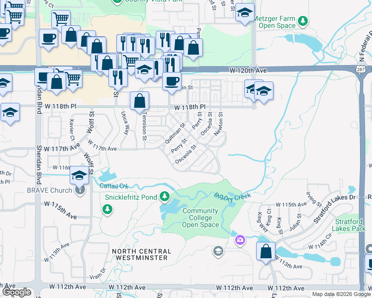 map of restaurants, bars, coffee shops, grocery stores, and more near 11708 Perry Street in Westminster