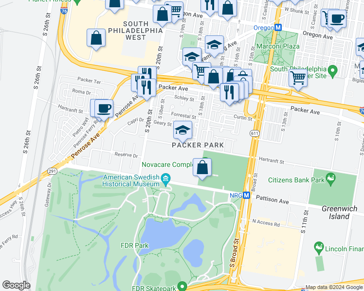 map of restaurants, bars, coffee shops, grocery stores, and more near 1841 Hartranft Street in Philadelphia