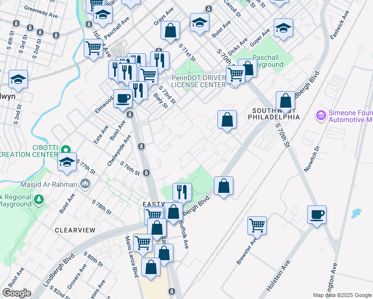 map of restaurants, bars, coffee shops, grocery stores, and more near 7405 Lapwing Place in Philadelphia