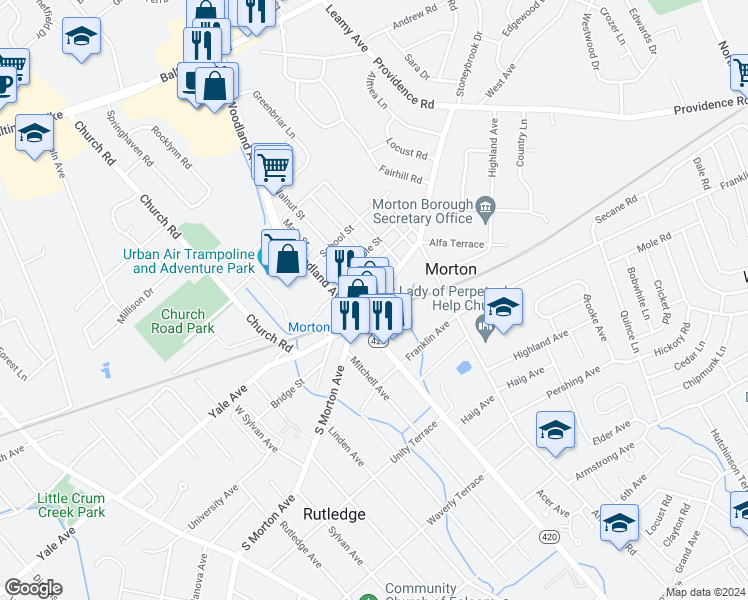 map of restaurants, bars, coffee shops, grocery stores, and more near 22 North Morton Avenue in Morton