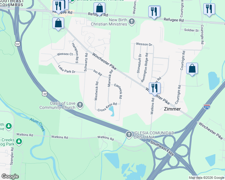 map of restaurants, bars, coffee shops, grocery stores, and more near 3063 Eastwick Road in Columbus