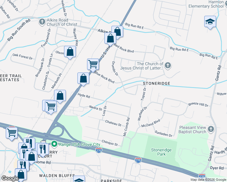 map of restaurants, bars, coffee shops, grocery stores, and more near 2224 Blue Rock Lane in Grove City