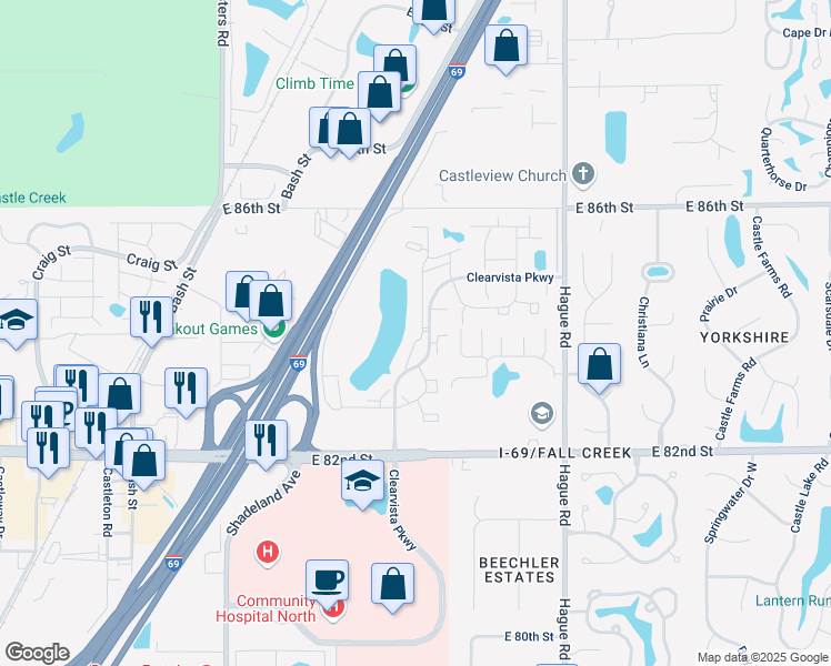 map of restaurants, bars, coffee shops, grocery stores, and more near 8390 Whipporwill Drive in Indianapolis