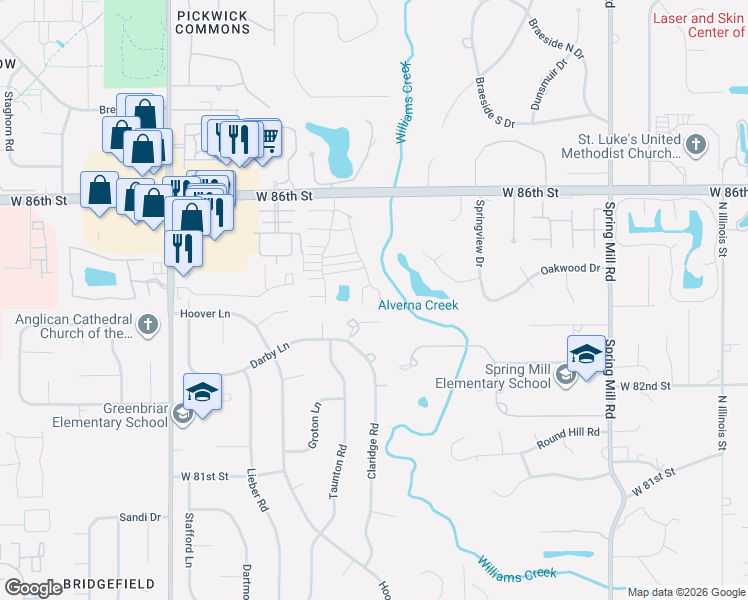 map of restaurants, bars, coffee shops, grocery stores, and more near 8411 Quail Hollow Road in Indianapolis