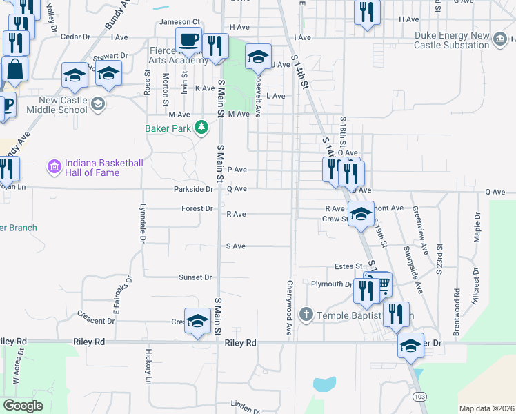 map of restaurants, bars, coffee shops, grocery stores, and more near 1324 R Ave in New Castle