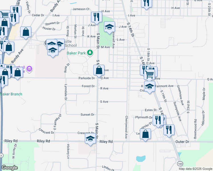 map of restaurants, bars, coffee shops, grocery stores, and more near 1314 R Avenue in New Castle