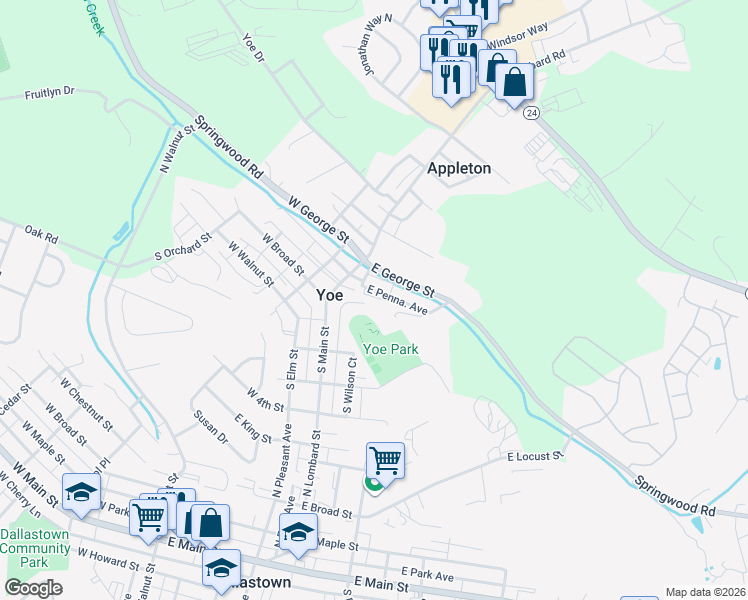 map of restaurants, bars, coffee shops, grocery stores, and more near 52 East Penna. Avenue in Yoe