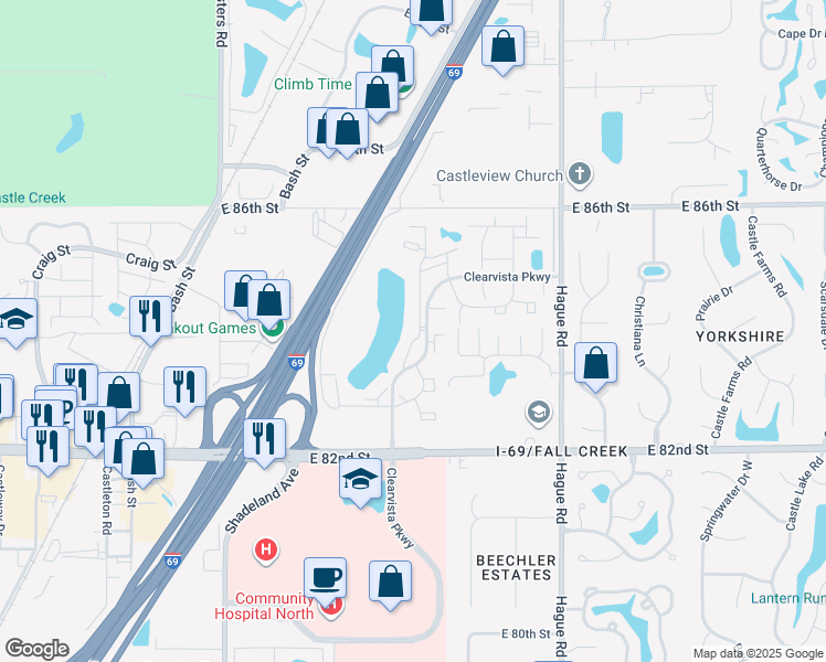 map of restaurants, bars, coffee shops, grocery stores, and more near 8390 Whipporwill Drive in Indianapolis