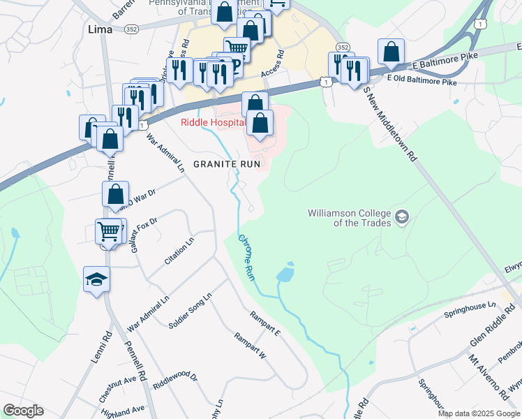 map of restaurants, bars, coffee shops, grocery stores, and more near 518 Williamson Circle in Media