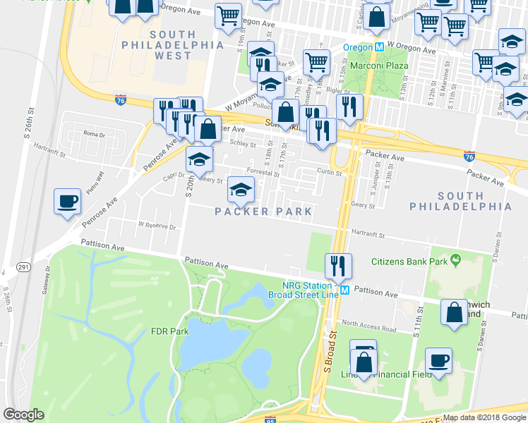map of restaurants, bars, coffee shops, grocery stores, and more near 1713 Hartranft Street in Philadelphia