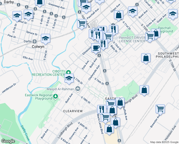 map of restaurants, bars, coffee shops, grocery stores, and more near 7536 Buist Avenue in Philadelphia