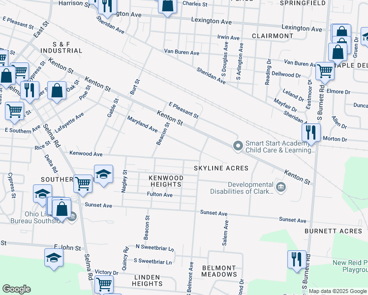 map of restaurants, bars, coffee shops, grocery stores, and more near 1901 Maryland Avenue in Springfield