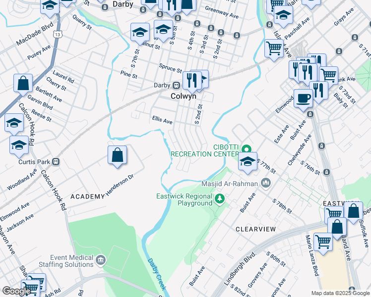 map of restaurants, bars, coffee shops, grocery stores, and more near 563 South 4th Street in Darby