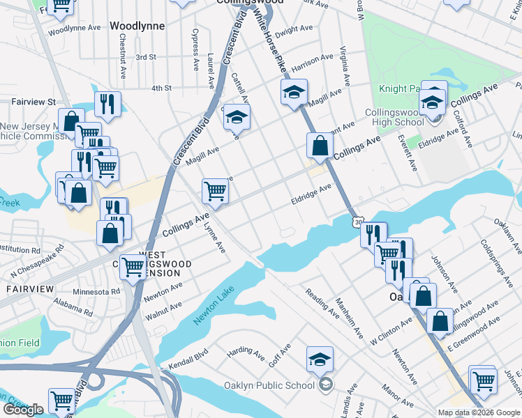 map of restaurants, bars, coffee shops, grocery stores, and more near 918 West Collings Avenue in Oaklyn