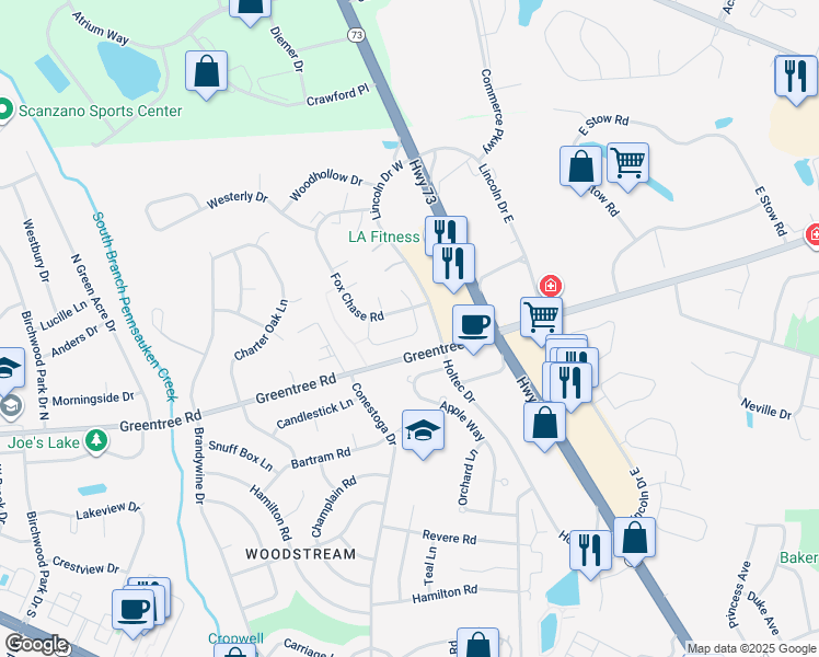 map of restaurants, bars, coffee shops, grocery stores, and more near 4 Candlewood Circle in Evesham