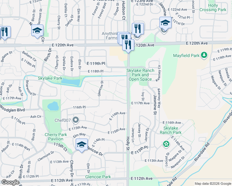map of restaurants, bars, coffee shops, grocery stores, and more near 5502 E 117th Cir in Denver