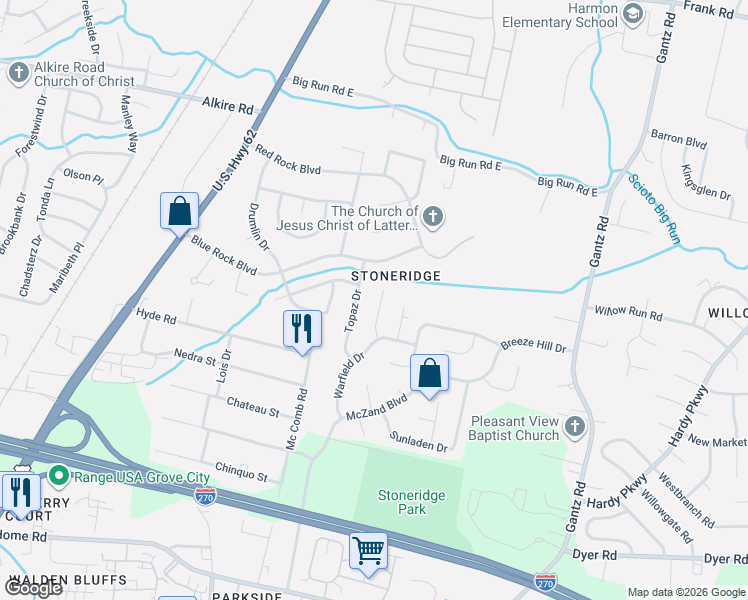 map of restaurants, bars, coffee shops, grocery stores, and more near 2267 Anndel Court in Grove City