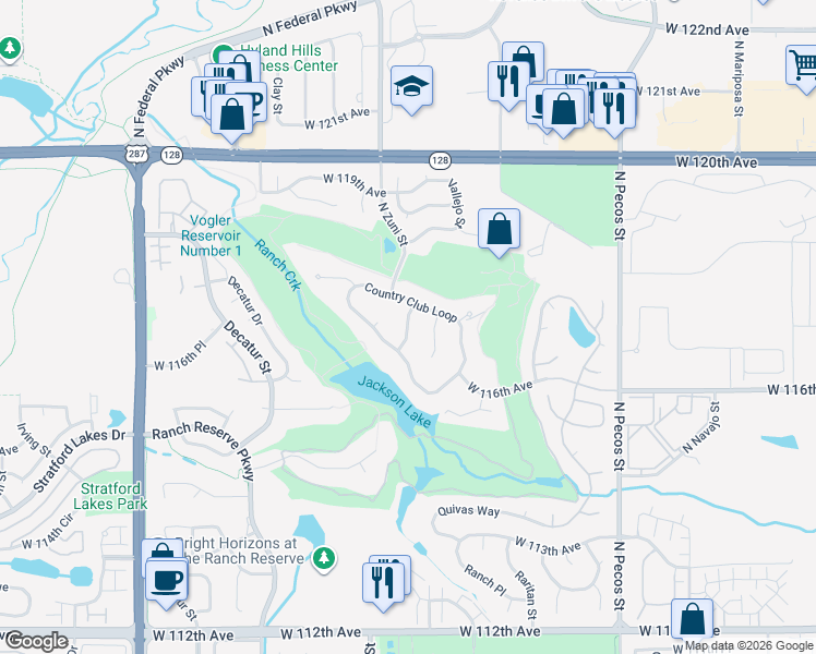 map of restaurants, bars, coffee shops, grocery stores, and more near Country Club Drive in Westminster