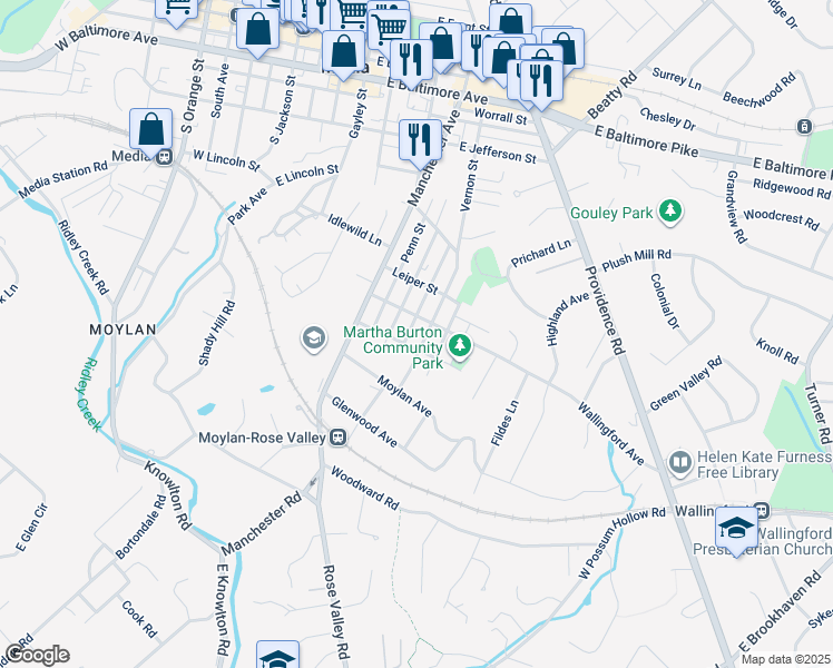 map of restaurants, bars, coffee shops, grocery stores, and more near 708 Forrest Street in Media