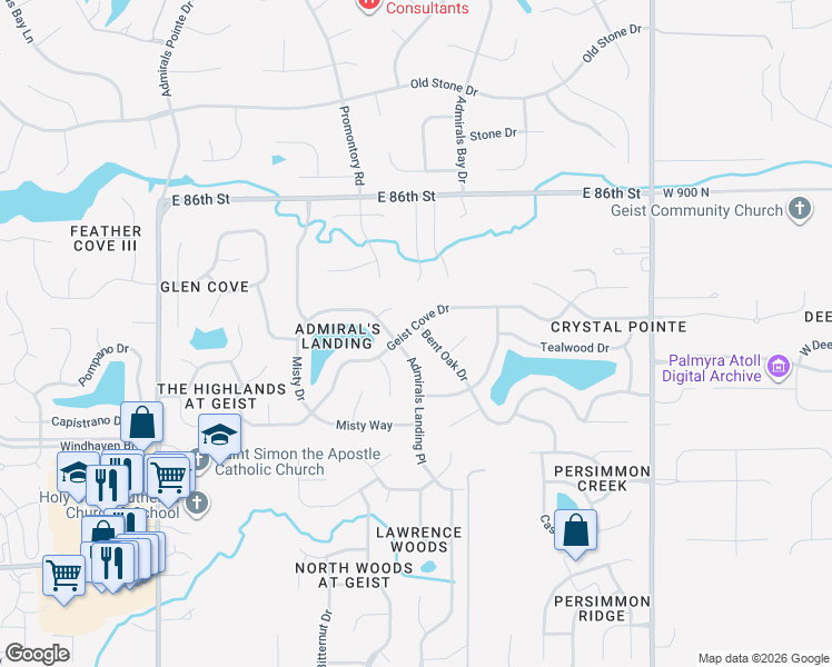 map of restaurants, bars, coffee shops, grocery stores, and more near 12325 Geist Cove Drive in Indianapolis