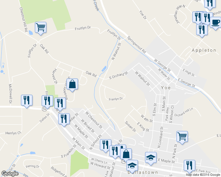 map of restaurants, bars, coffee shops, grocery stores, and more near 705 Franlyn Drive in Dallastown