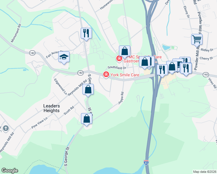 map of restaurants, bars, coffee shops, grocery stores, and more near 2609 Skylark Drive in York
