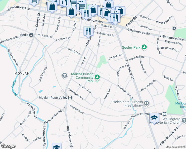 map of restaurants, bars, coffee shops, grocery stores, and more near 510 Wallingford Avenue in Media
