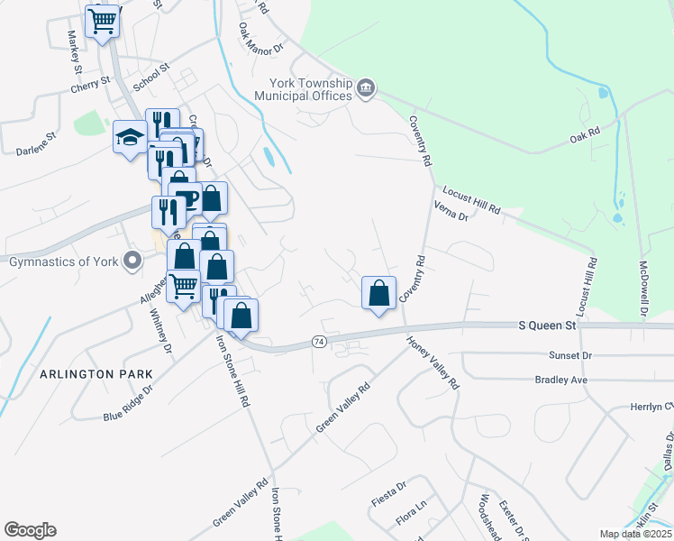 map of restaurants, bars, coffee shops, grocery stores, and more near 237 Ark Drive in Dallastown