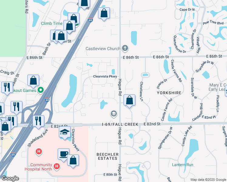 map of restaurants, bars, coffee shops, grocery stores, and more near 8360 Beulahland Place in Indianapolis