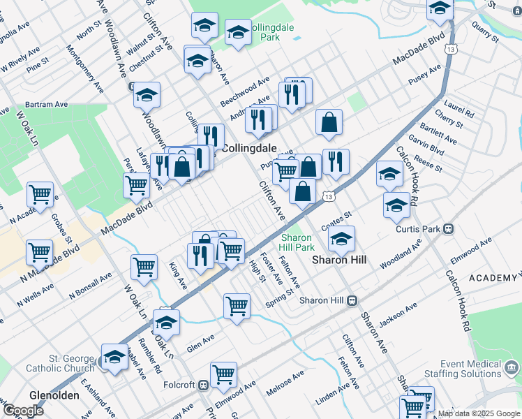 map of restaurants, bars, coffee shops, grocery stores, and more near 68 Florence Avenue in Sharon Hill