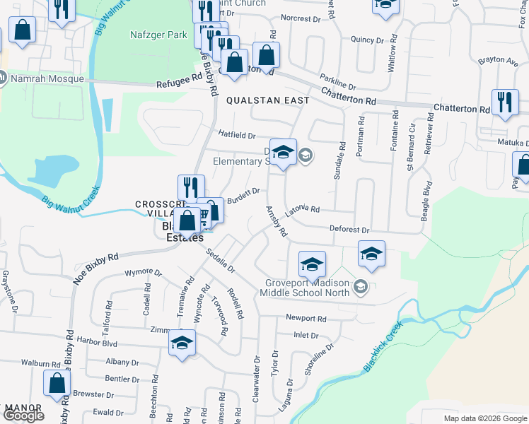 map of restaurants, bars, coffee shops, grocery stores, and more near 3321 Arnsby Road in Columbus
