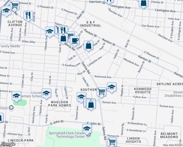 map of restaurants, bars, coffee shops, grocery stores, and more near 1240 Selma Road in Springfield