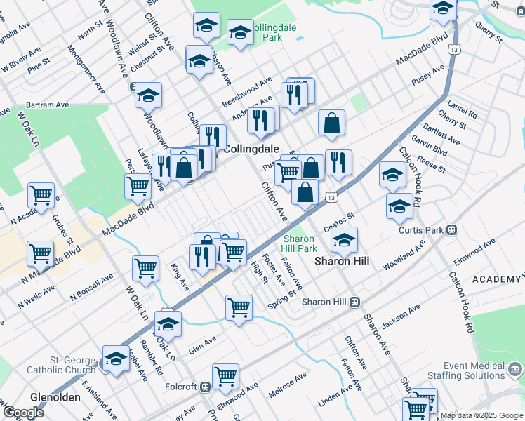 map of restaurants, bars, coffee shops, grocery stores, and more near 68 Florence Avenue in Sharon Hill