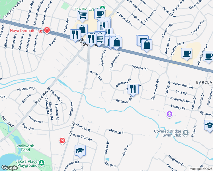 map of restaurants, bars, coffee shops, grocery stores, and more near 245 Brookmead Drive in Cherry Hill