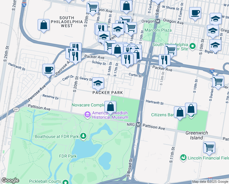 map of restaurants, bars, coffee shops, grocery stores, and more near 3235R South 17th Street in Philadelphia