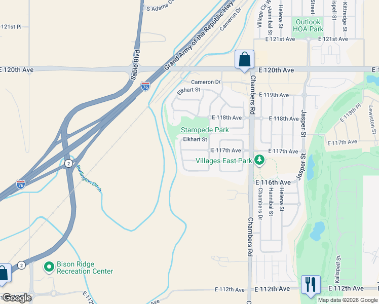 map of restaurants, bars, coffee shops, grocery stores, and more near 14884 East 117th Avenue in Brighton