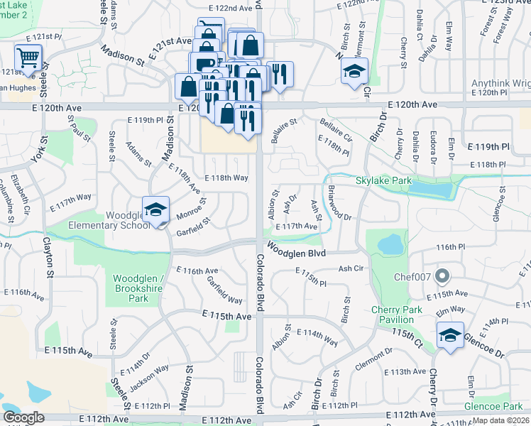 map of restaurants, bars, coffee shops, grocery stores, and more near 11757 Albion Street in Thornton
