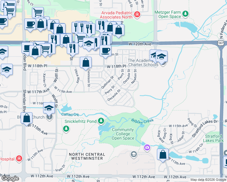 map of restaurants, bars, coffee shops, grocery stores, and more near 11708 Perry Street in Westminster