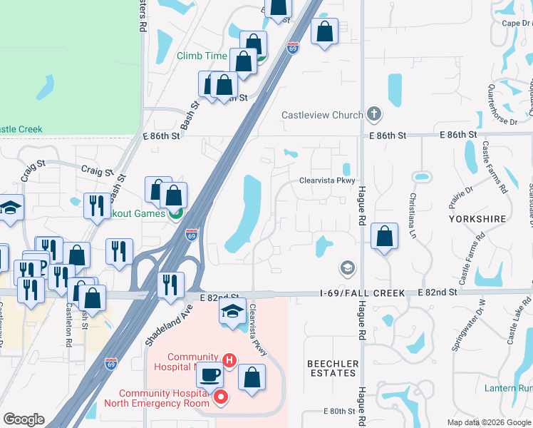 map of restaurants, bars, coffee shops, grocery stores, and more near 8390 Whipporwill Drive in Indianapolis