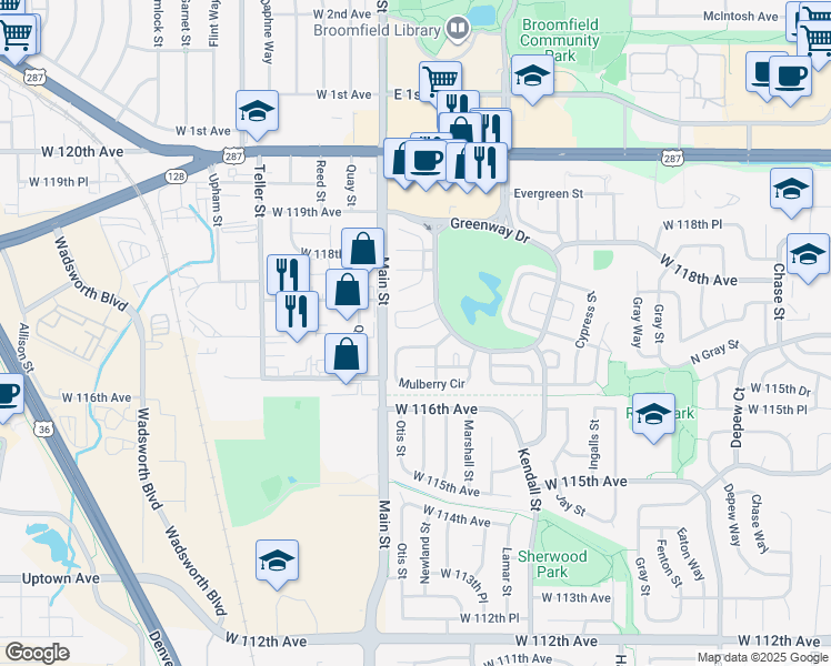 map of restaurants, bars, coffee shops, grocery stores, and more near 227 Redwood Circle in Broomfield