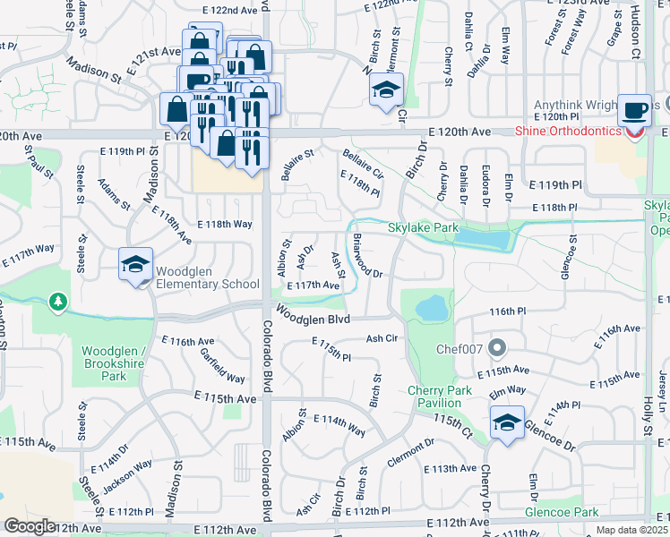 map of restaurants, bars, coffee shops, grocery stores, and more near 11729 Ash Street in Thornton
