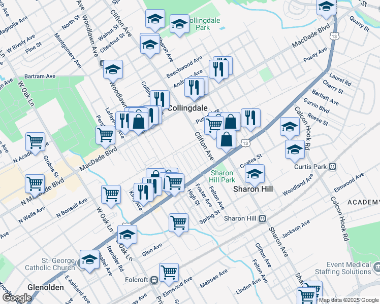 map of restaurants, bars, coffee shops, grocery stores, and more near 69 Frances Avenue in Sharon Hill