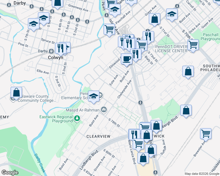 map of restaurants, bars, coffee shops, grocery stores, and more near 2540 South 76th Street in Philadelphia