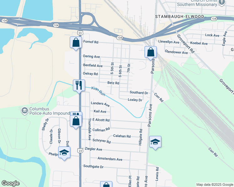 map of restaurants, bars, coffee shops, grocery stores, and more near 2637 South 6th Street in Columbus