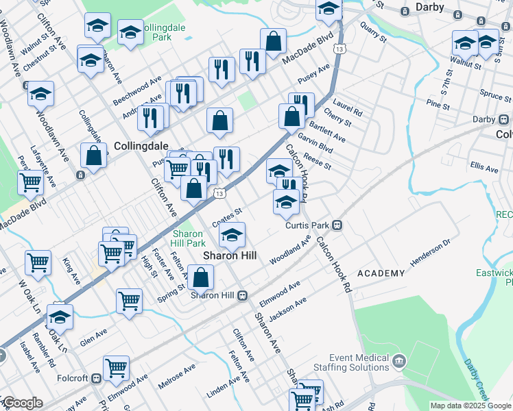 map of restaurants, bars, coffee shops, grocery stores, and more near 909 Coates Street in Sharon Hill